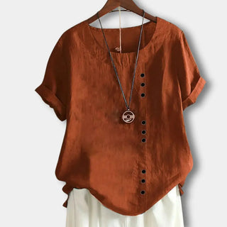 Asymmetrisch geknöpftes T-Shirt mit Rundhalsausschnitt für Damen – Janine