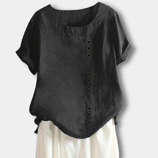 Asymmetrisch geknöpftes T-Shirt mit Rundhalsausschnitt für Damen – Janine