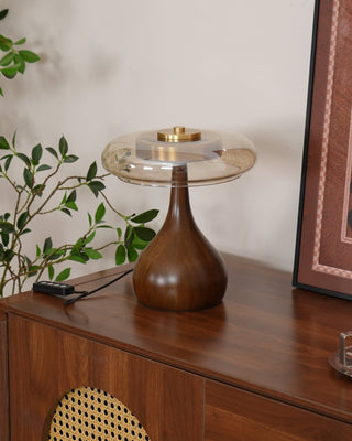 Künstlerische Glas Tischlampe mit Holzakzent