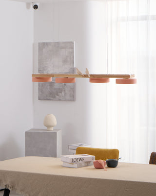 Moderne Pendelleuchte Holzoptik mit runden LED-Leuchten