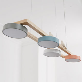 Moderne Pendelleuchte Holzoptik mit runden LED-Leuchten