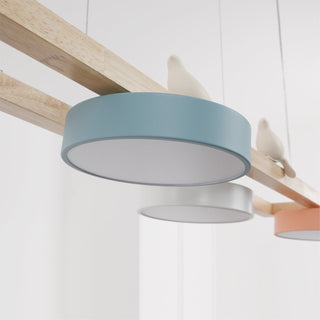 Moderne Pendelleuchte Holzoptik mit runden LED-Leuchten