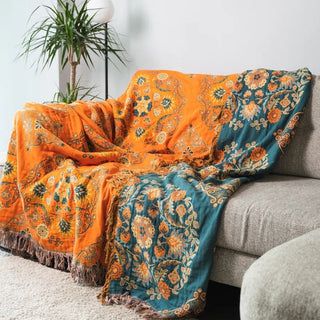 Wendbare Orange-Grün Muster-Tagesdecke mit Fransen